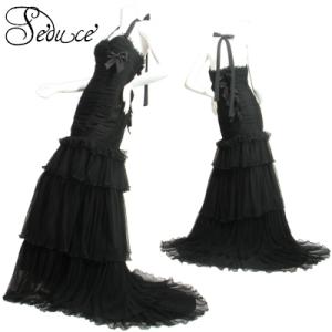 ロングドレスロングトレーン有りゴージャスフリル裾引きずるタイプシフォン姫リボン結婚式お色直しにもブラ...