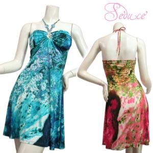 SALE ワンピースフラワープリント胸元アクセ付き花柄ホルターネックのキラキラビーズがキュート！ピン...