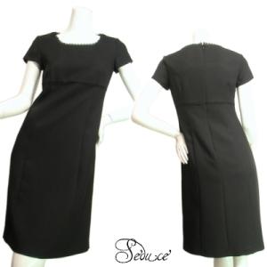 ワンピースＡライン半袖スクエアネックレーストリミングツイードブラック　フォーマル参観日謝恩会Ｓｅｄｕ...