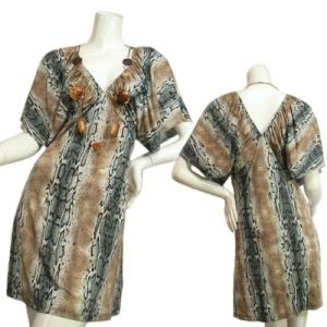 ワンピースクールスネークプ蛇柄パイソンプリントネックレス付き深ＶワンドスリーブワンピＬＡＳｅｄｕｃｅ