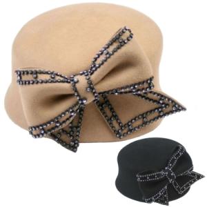 帽子デザインハットラインストーンリボン付きカサブランカ型クロッシェタイプベージュブラックＬＡＳｅｄｕ...