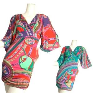 ワンピース綺麗カラープッチ柄風エレガントワイドスリーブ五分袖サイドシャーロングレッドグリーンLASe...