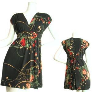 胸下切り替えワンピース　フレア　バラプリント花柄　半袖　ロングチュニック　ＬＡＳｅｄｕｃｅ