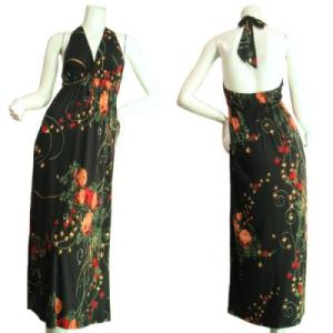 ボタニカルバラプリントロングワンピースマキシ丈　セクシーホルターネック　花柄　フレア　ＬＡＳｅｄｕｃ...