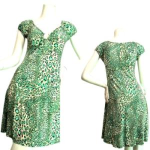 ワンピースヒョウ柄プリントレオパード胸元が開いたセクシーデザインＬＡらしいワンピパフスリーブブルーグ...