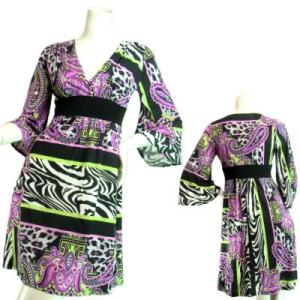 ゼブラ柄×ヒョウ柄×ペイズリー柄ワンピース　ワイドスリーブ七分袖　胸下切り替え　ＬＡＳｅｄｕｃｅ