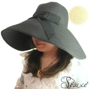 つば約１８ｃｍつば広クロシェハット大きなリボンでとてもエレガントで上品なお帽子ベージュ×ブラックリボ...