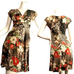 ワンピースフラワープリント×ヒョウ柄ベース半袖フレアーワンピＬＡＳｅｄｕｃｅ