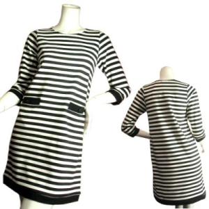 白黒ボーダーAラインワンピース七分袖ジャージー生地　チュニックとしても　ひざ丈　ブラックホワイトSe...
