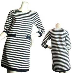 紺白ボーダーAラインワンピース七分袖ジャージー生地　チュニック　ひざ丈　ネイビーホワイトボーダーSe...