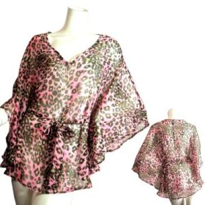 シースルーロングトップスヒョウ柄レオパードアニマル柄ワイドスリーブピンクＬＡＳｅｄｕｃｅ