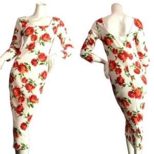 ロングワンピース大きな赤いバラプリントの背中のカットがセクシー七分袖ホワイトベースＳ/Ｍ/Ｌ/ＬＡＳ...