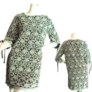 ドレスワンピース綿糸立体刺繍花柄ワイドスリーブレースゴージャス上品パーティー二次会参観日膝丈ブラック...