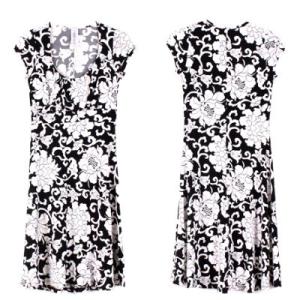 ミディワンピースホワイトオリエンタルアラベスクレトロ大フラワープリントブラックベース白花柄胸下切り替...