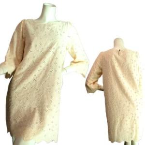 ドレスワンピース七分袖立体刺繍梅花柄ワイドスリーブレースゴージャス上品ワンピ結婚式二次会参観日ベージ...