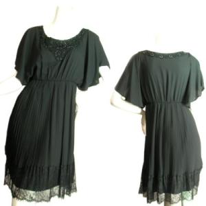 ドレスワンピーススカート裾レースプリーツデザインワイドスリーブシフォン胸元クロシェレース結婚式二次会...