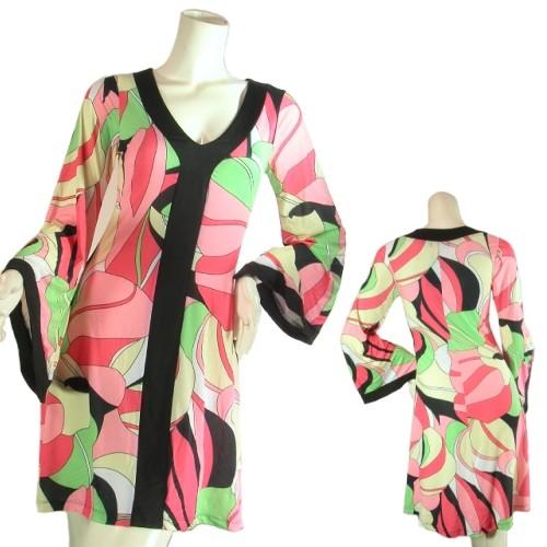 プッチ柄風レトロマルチカラーベルスリーブフレアワンピース　長袖　ＬＡＳｅｄｕｃｅ