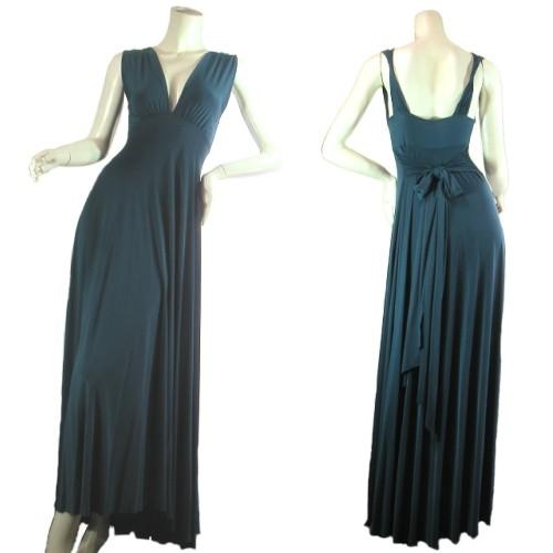 ロングワンピース胸下切り替え深Ｖネックフィッシュテール型　ティールカラー　パーティードレス　ＬＡＳｅ...