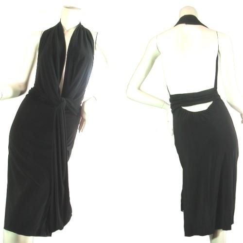 深カット　おへそ下切り込み両サイドスリットホルターネックワンピース　背中空き　ブラック黒　ＬＡＳｅｄ...