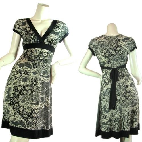 胸下切り替えフレアーワンピースレースプリントエレガントＬＡＳｅｄｕｃｅ