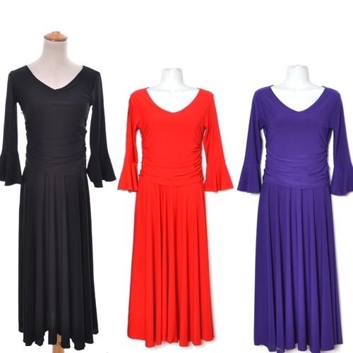 ドレスワンピースベルスリーブＶカット膝下フレアスカートブラック黒　パーティーフォーマルダンスＳｅｄｕ...