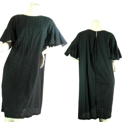 カットワークレース膝下５分袖ブラックＡラインワンピース　エレガント上品お出掛けＳｅｄｕｃｅ