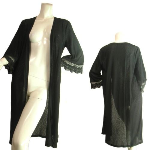 ノーカラーノーボタンロングトッパーカーディガン袖レースベルスリーブブラック黒Ｓｅｄｕｃｅ