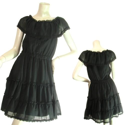 ティアードフリルレース２段ワンピースブラック丸襟半袖Ｓｅｄｕｃｅ