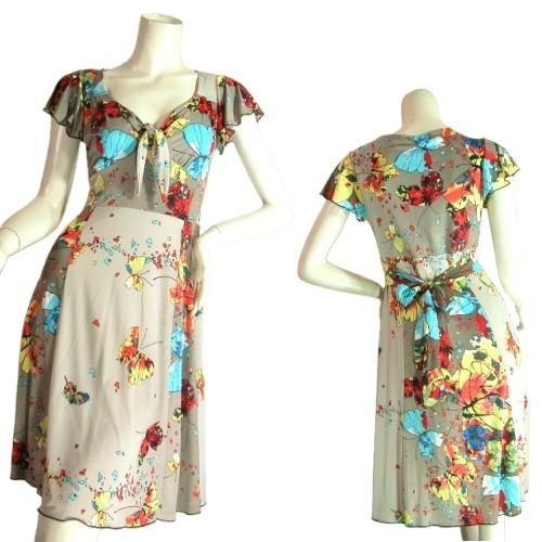 半袖蝶プリントフレアーウエスト切り替えワンピースベージュフランス製Ｓｅｄｕｃｅ