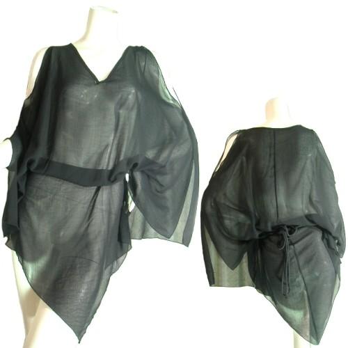 シフォンシースルー変形ロングスリーブトップス重ね着用肩空きブラックＬＡＳｅｄｕｃｅ