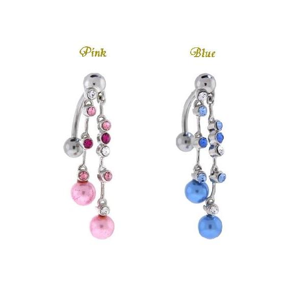 パール×クリスタルジェムへそピアス　（ピンク・ブルー）