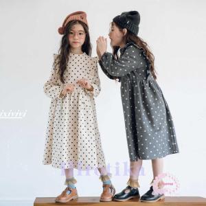 ベビー キッズ マタニティ 子ども服 シューズ 子ども服（女の子）ワンピース、チュニック ナチュラル フリル 水玉 ベージュ グレー ロング丈 フリル｜seeds-seeds