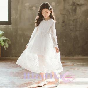 女の子 ワンピース 子供ワンピ ジュニア 上品 ドレス レース 長袖 プリンセス かわいい ロング丈 オシャレ   ベルスリーブ｜seeds-seeds