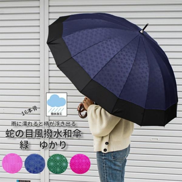 傘 レディース ジャンプ 16本骨 蛇の目風 和傘 縁 ゆかり JK-87 雨に濡れると柄が浮き出る...