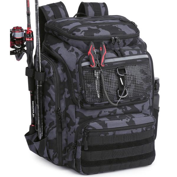 ロッドホルダー付き釣りバックパック - 45L 大型防水フィッシングバッグ、アウトドアキャンプ・ハイ...