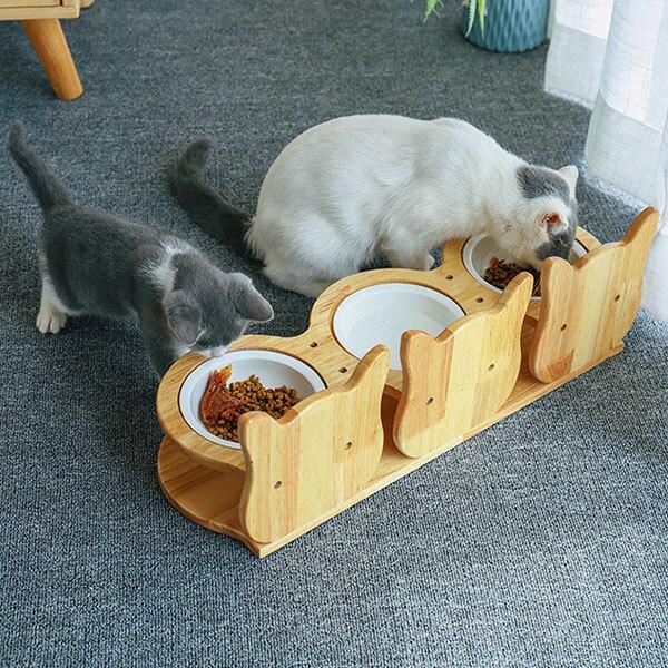 猫用 トリプルボウル フードボウル 三連ご飯椀 食器台 スタンド付き 軽減 分解洗浄可 木製 インテ...