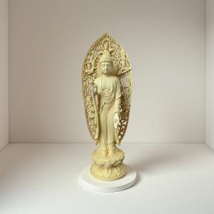 黄楊彫り 釈迦三尊(木彫り 仏像 彫刻 木製 釈迦如来 普賢菩薩 文殊菩薩