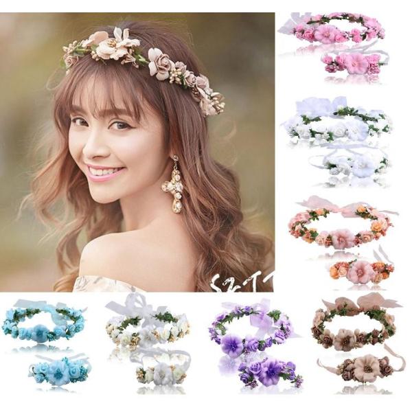 ウェディング花冠【ヘッドドレス】花冠・腕輪２点セット　ティアラ 花輪 リゾート 造花 髪飾り 新婚旅...