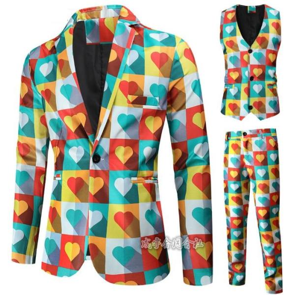 男性ステージ衣装 カジュアルメンズスーツ演出服スーツセットアップ バレンタインデー元素ハート柄 ベス...