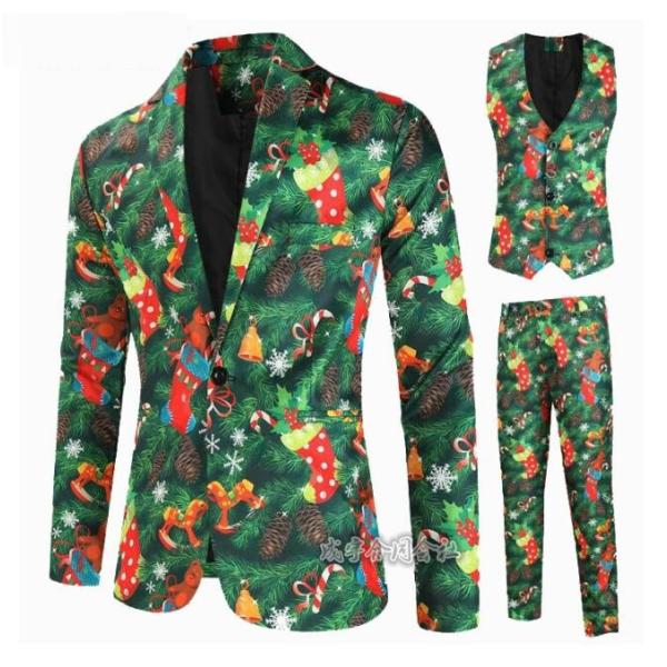 クリスマススーツセット ステージ衣装クリスマス元素 カジュアルメンズスーツ演出服男性用スーツ クリス...