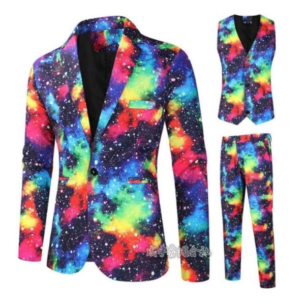 欧米風メンズスーツ星空柄ベストスーツセット舞台服 バレンタインデー ステージ衣裳 クリスマス衣装  ...