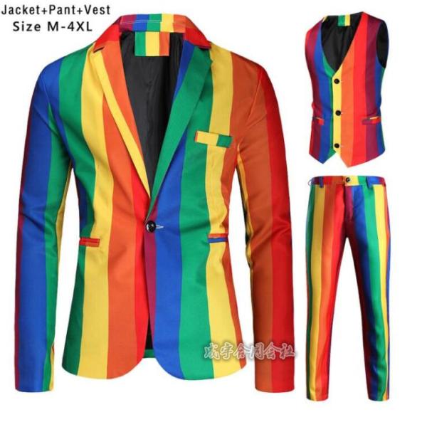 クリスマススーツ メンズ虹柄スーツセットアップ クリスマスコートベスト 舞台演出服  コスチューム ...