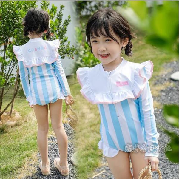 ストライプ柄 オールインワン水着 キッズ 子供 女の子 スクール水着 長袖 UV対策 日焼け 可愛い...