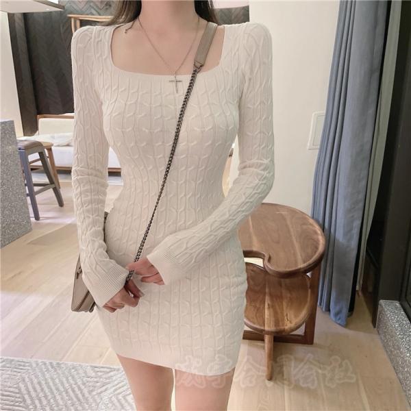 スクエアネック ニット ワンピース ボディコン タイトワンピース ミニワンピ ヒップラップ 無地 着...