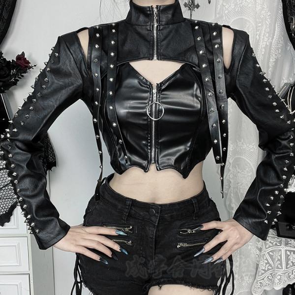 PUレザー 合皮 トップス 長袖 ミニ丈 リベット付き ヒップホップ ダンス衣装 原宿系 ジャズダン...