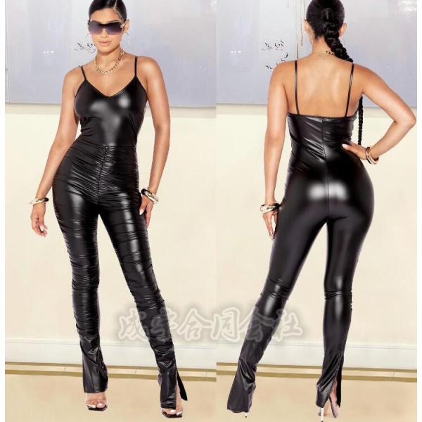 フェイク PU レザー サロペット パンツ レディース タイト オーバーオール エナメル 無地 タイ...