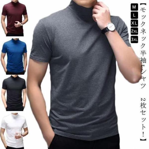 【2枚セット】  ハイネック tシャツ メンズ 半袖 tシャツ 無地 カットソー 夏 モックネック ...