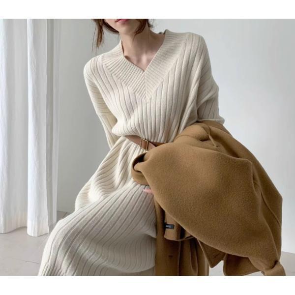 ニットワンピース レディース 40代 秋冬 長袖 Vネックニットワンピース 黒 ロングスワンピース ...