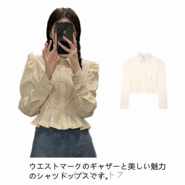 シャツ レディース ショート丈 ウエストマーク 折襟 パール襟 チュニック トップス 長袖 ブラウス...