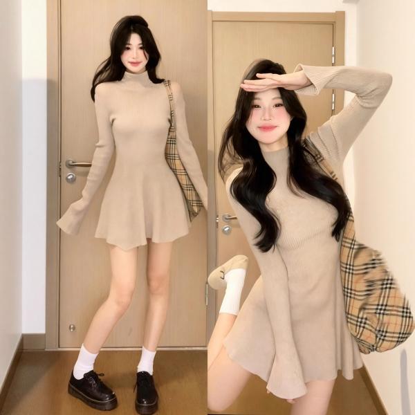 ワンピース 秋服 春 冬 春 ひざ丈 ニット セーター ドレス レッド レディース 長袖 カジュアル...